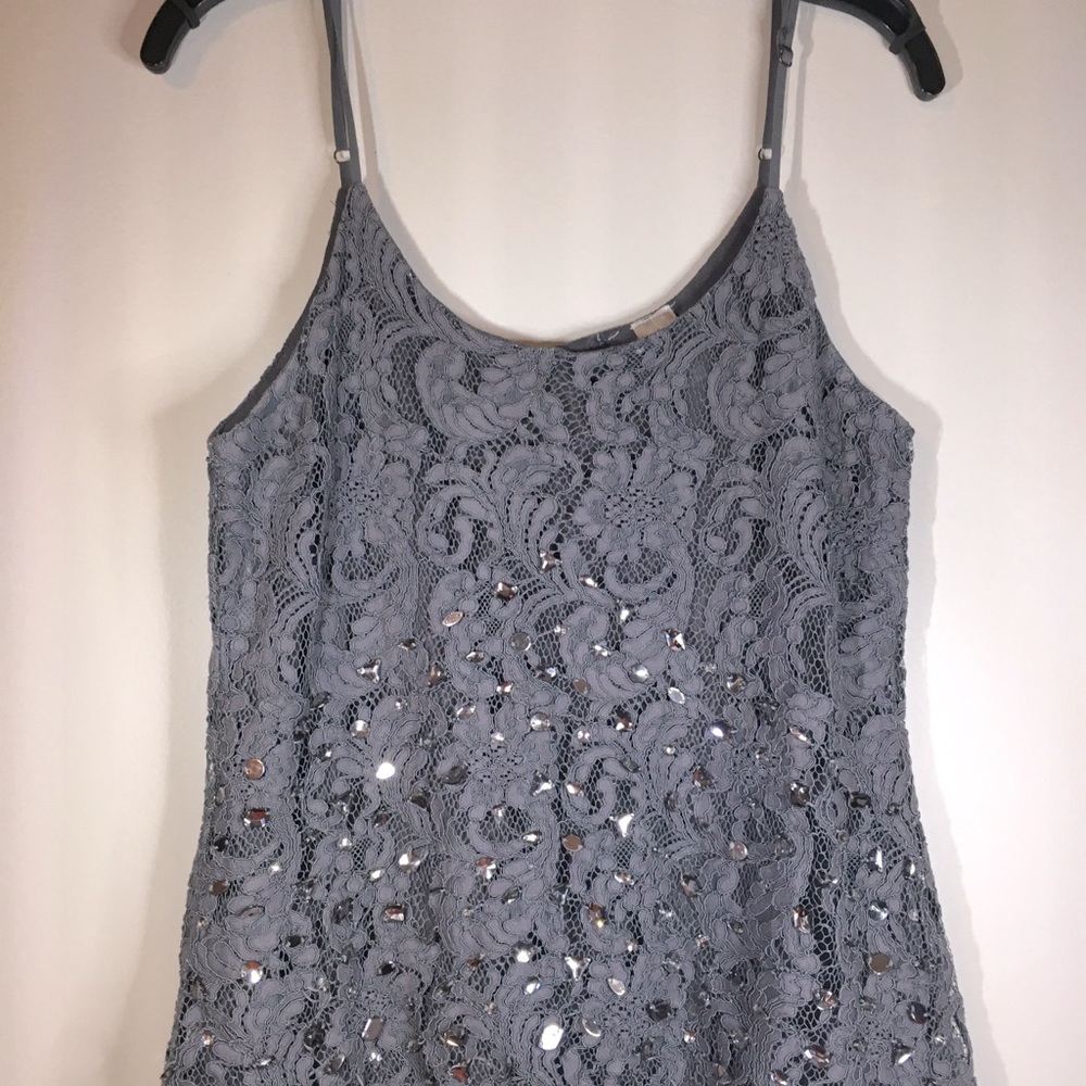 Lace Grey tank top spaghetti strap with rhinestones bedazzled